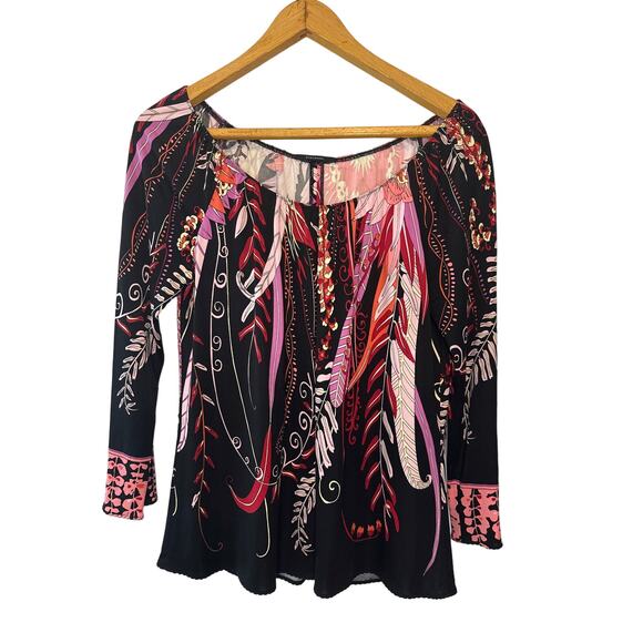 Elie Tahari 100% Silk Black & Red Pink Hues Abstract Blouse Scalloped Hem Size 0 - Picture 1 of 8